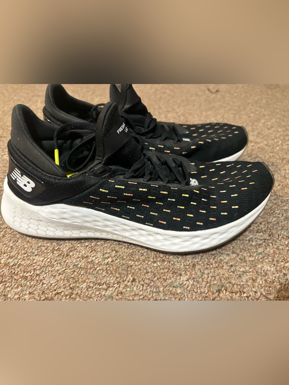 New Balance Black Knit Athletic Shoes with Multicolor Stitching